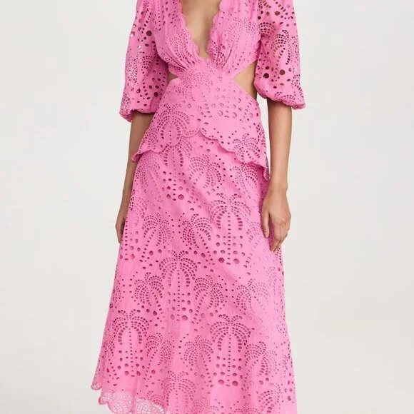 FARM Rio Pink Richelieu Midi Dress Eyelet Scallop Cutout Tuckernuck Sundress - Picture 6 of 9